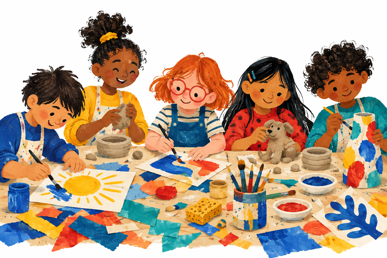 Ilustración de niños compartiendo una mesa de pintura y arcilla